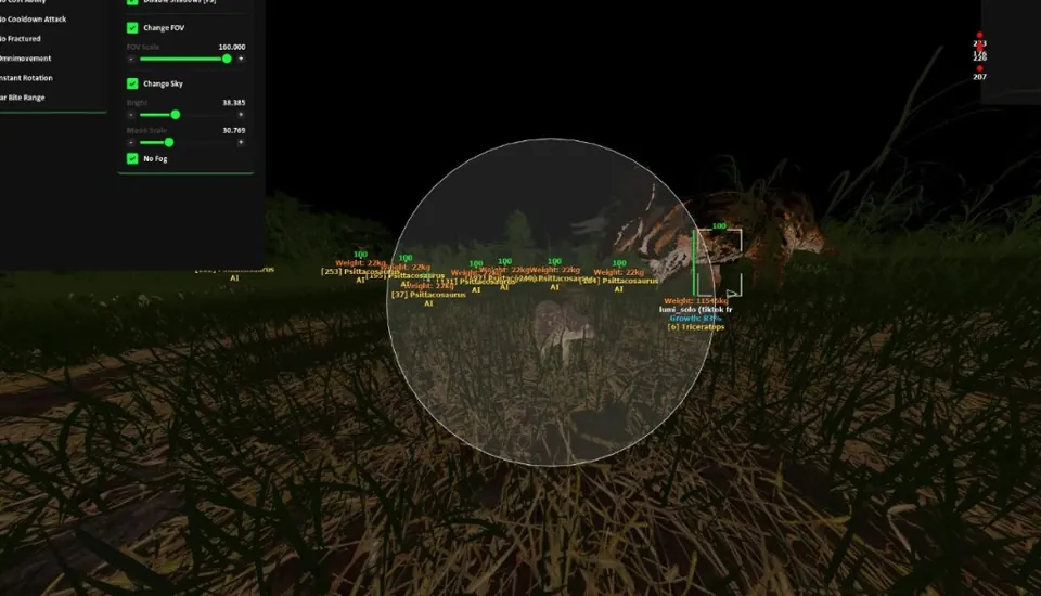 The Isle Hacks vision ESP — FOV, sky brightness, no fog, and dinosaur labels at night